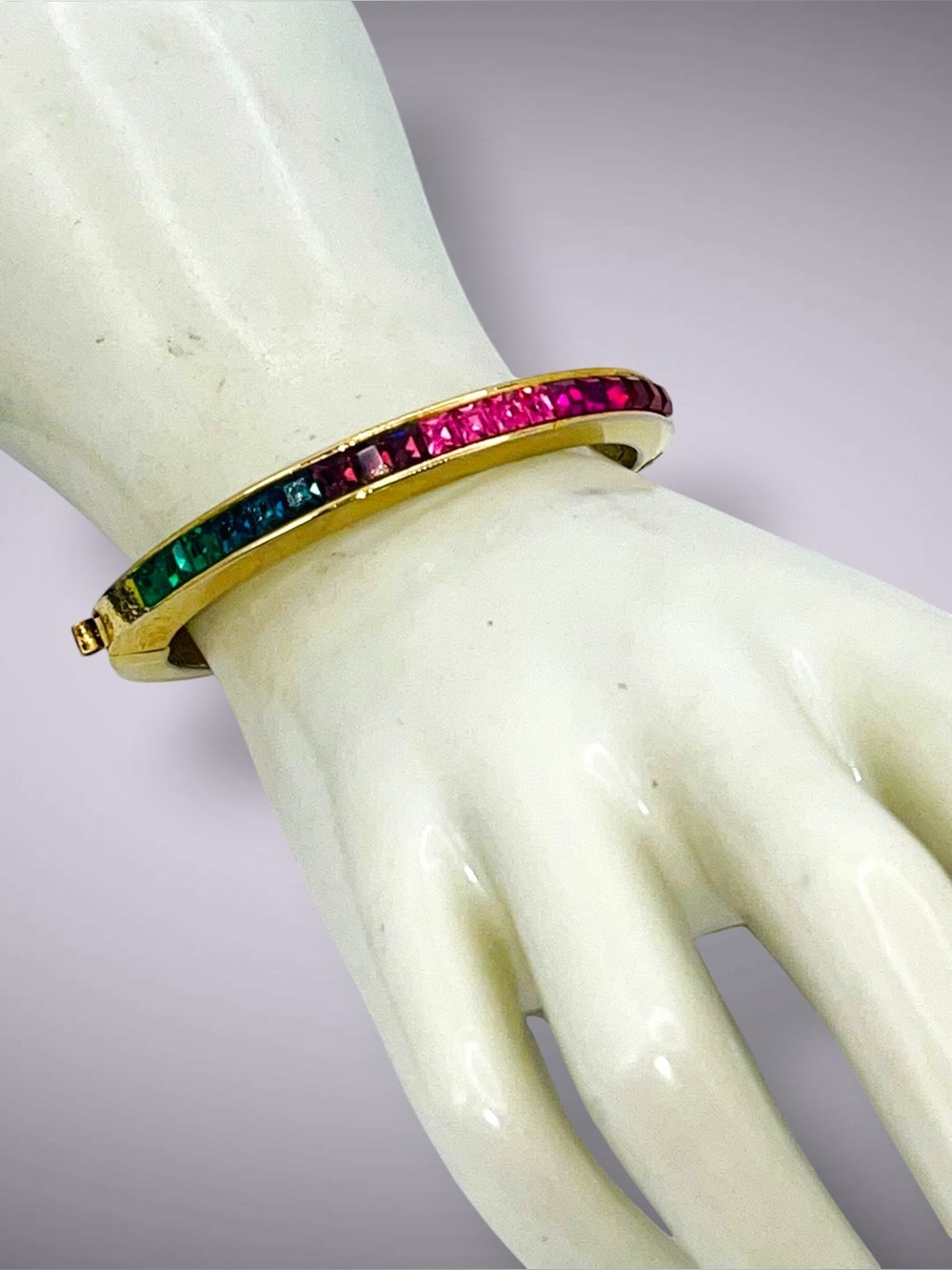 Vintage Ombre Rainbow Rhinestone CrystalChannel Set Hinged Bangle Bracelet